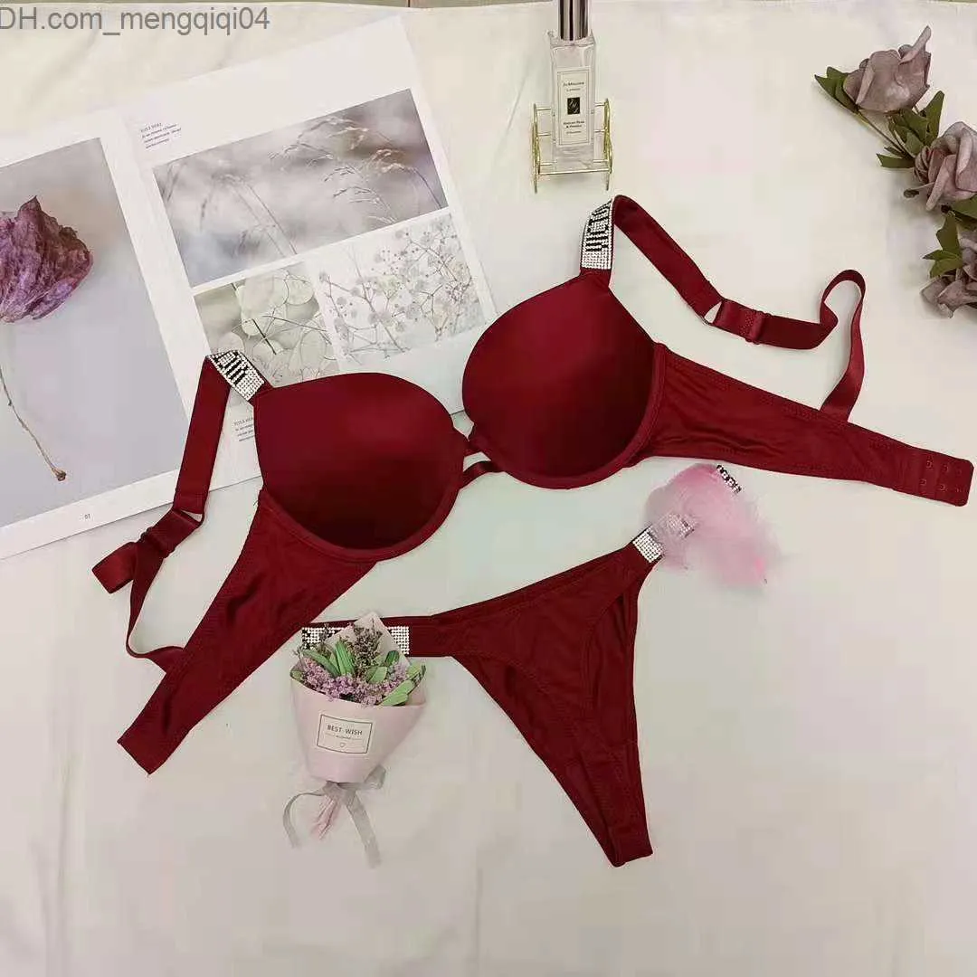 Bras Sets Brand Letter Rhinestone Underwear Women Sex Secrets Bikini Thong Lingerie Set Adjustable Push Up Bra BCD Cup Panty 2 Piece X0526 Z230711