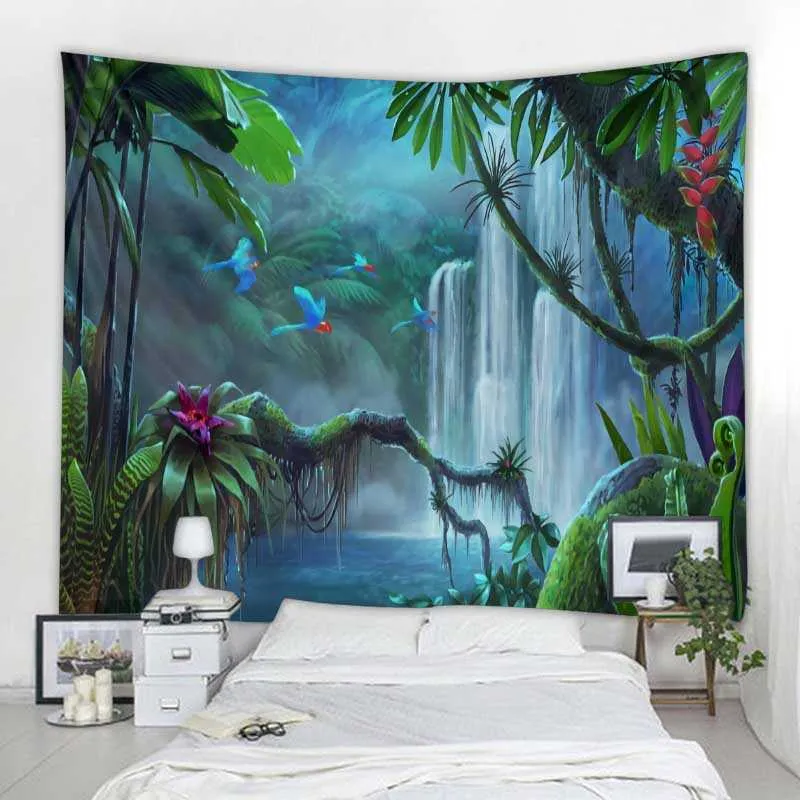 Tapissries Jungle Bird Art Tapestry Scene Home Decor Wall Hanging Eesthetic Room Yoga Mat