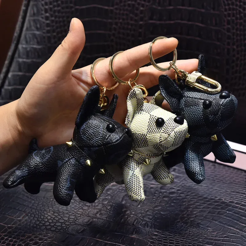 Цепочка ключа для собак с дизайнером коробки мультипликационные животные маленькие креативные аксессуары ключ-кольцо кожа кожаная буква