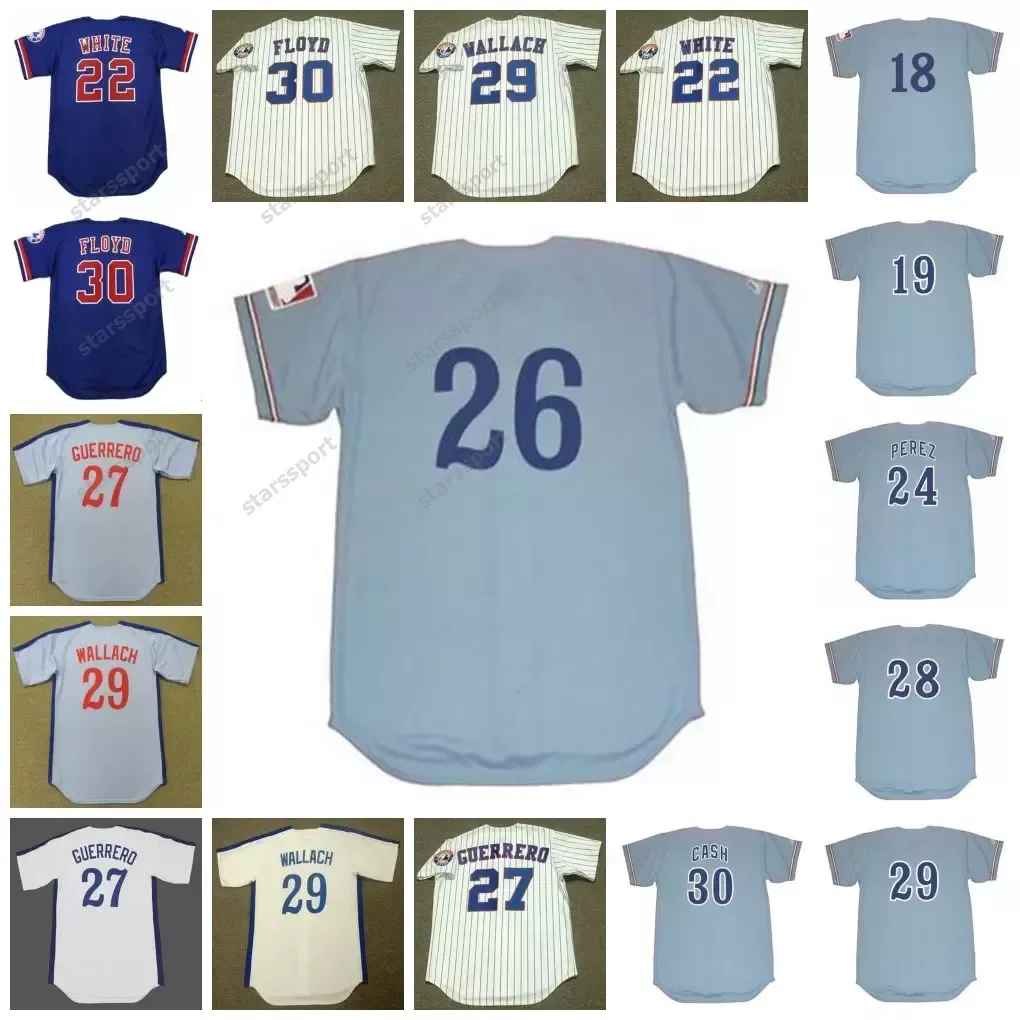 Montreal Expos Vintage Baseball Jersey 18 Steve Renko 1969 19 Tim Foli 1974 White Perez Stoneman Guerrero Marshall Singleton Wallach