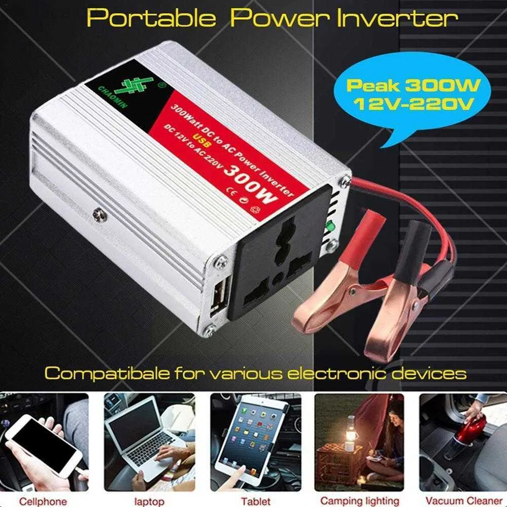 Jump Starter 300W Bil Power Inverter Converter Adapter DC 12V till AC 220V med batteriklämma för hushållsapparater utomhus Y5Z7 HKD230710
