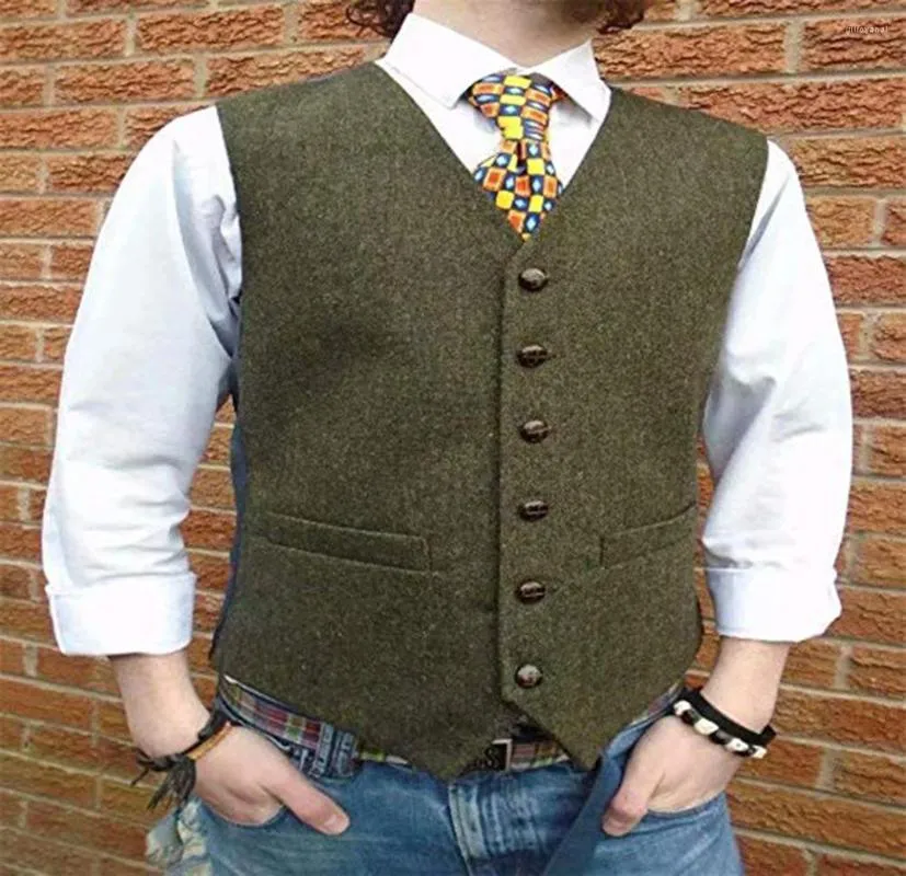 Gilet da uomo Gilet da abito da uomo Slim Fit con scollo a V Gilet monopetto senza maniche in tweed verde a spina di pesce