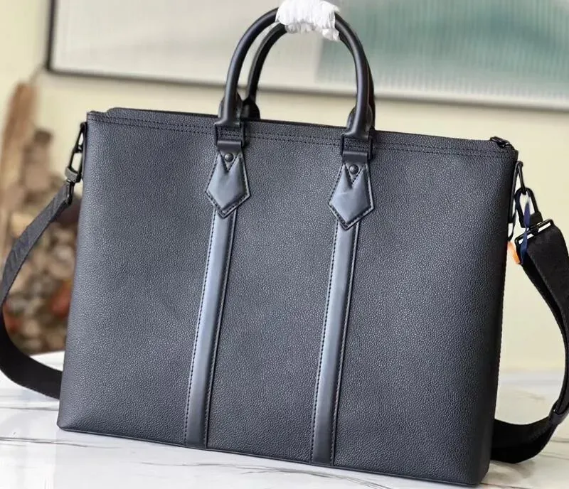 Realfine Bags 5A M59158 43cm Lock it Tote Grained Calfskin Leather Business Handbag Shoulder Purses For Men with Dust bag