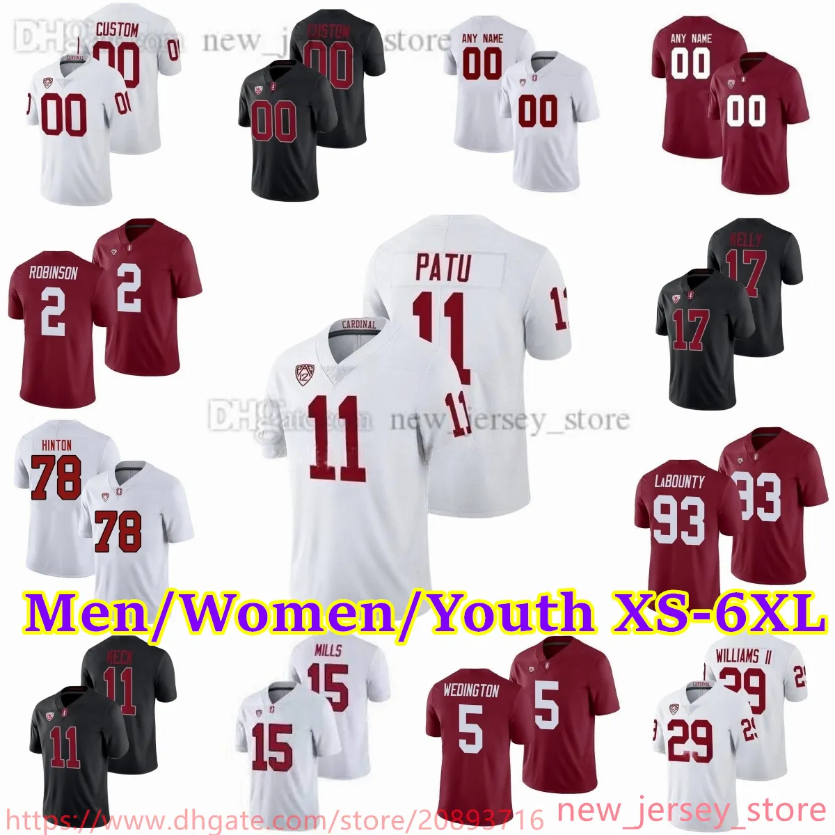 2023 Custom S-6XL NCAA Stanford Cardinal voetbalshirt Williamson Tremayne Higgins Williams Kelly Yurosek Smith Damuni Keck Filkins Patu Williams Heren Dames Jeugd