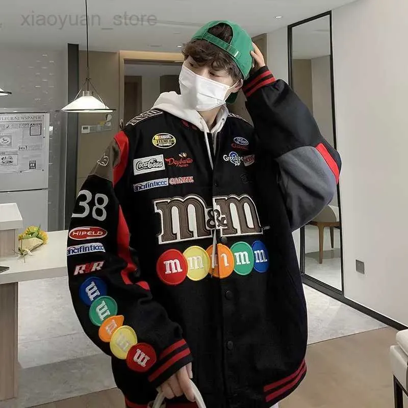 Hommes Vestes 2023 Nouveau Manteau Hip Hop veste femmes Lâche Broderie Rétro Cool Baseball Uniforme Couple Hit Couleur Couture Locomotive Hommes Veste HKD230710