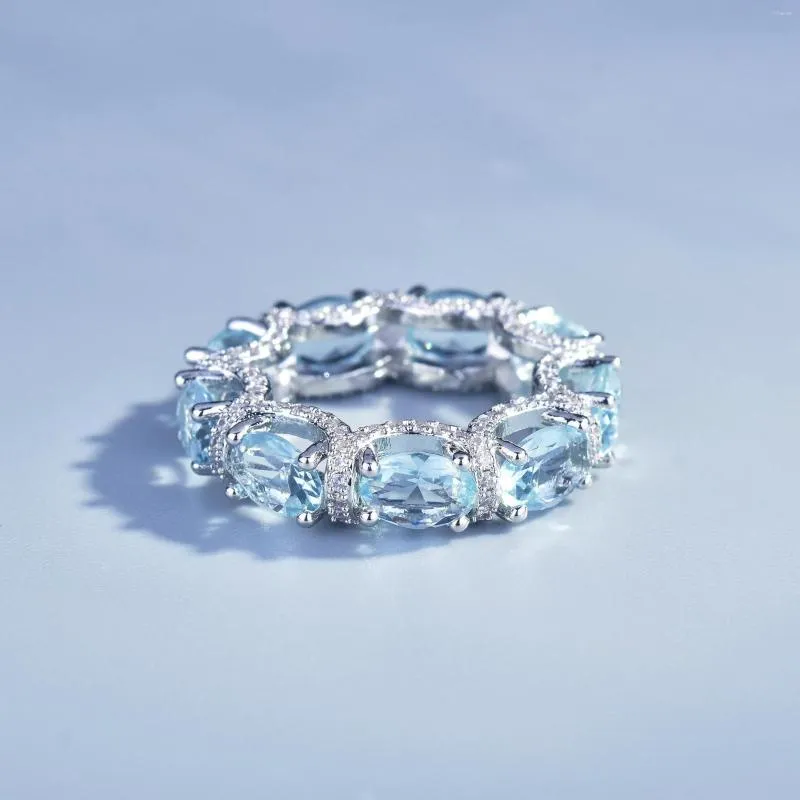 Halskette-Ohrringe-Set, luxuriös, silberfarben, Mikro-Meerblau-Topas, Edelstein-Schmuck, eleganter, täglich öffnender, verstellbarer Ring-Charm für Damen