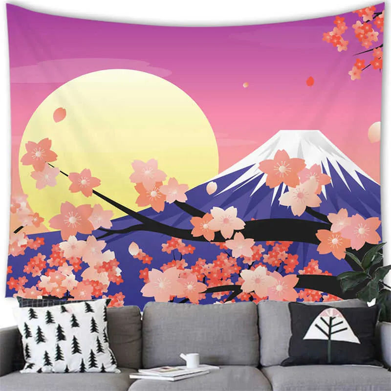 Camess Style Charry Goblen Asma Pembe Çiçek Kiraz Mount Fuji Goblen Yatak Odası Dekorasyon Arka Plan Duvar Dekoru