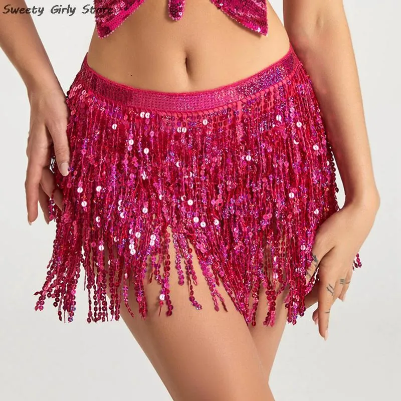 Skirts Sequin Belts Women Belly Dance Skirt Performance Costume Indian Practice Hip Skirts Long Tassel Bohemian Chain Clubwear Party 230710