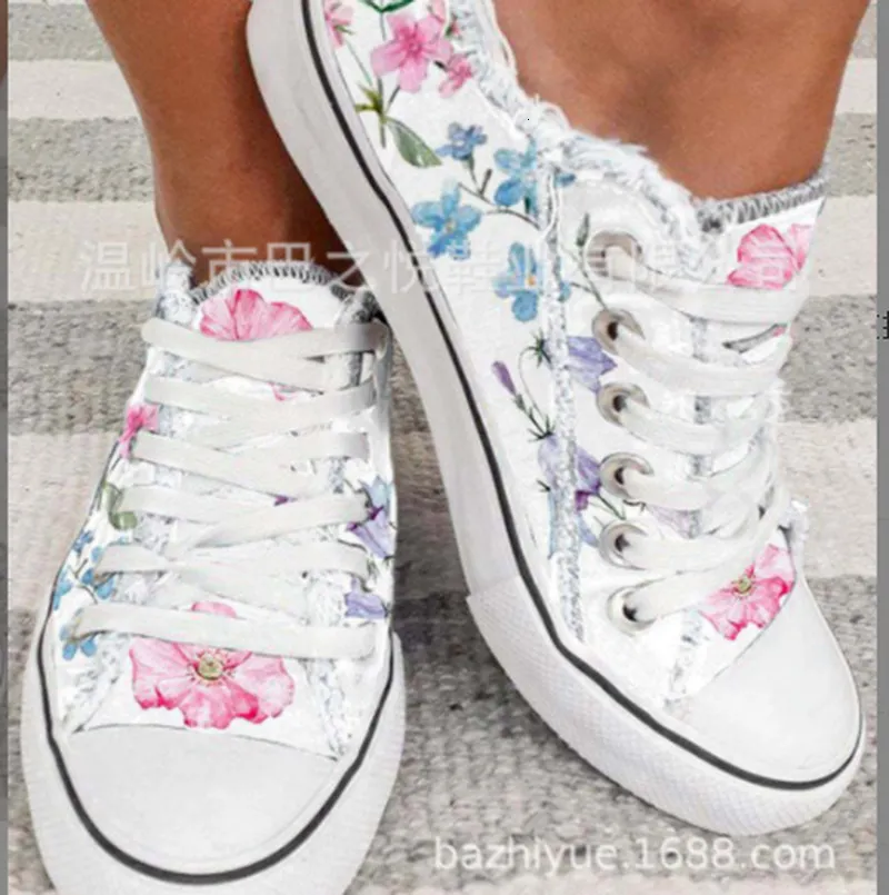 Dress Shoes Floral Canvas White Wild Women Large Size Shallow Mouth Lace up Sports Casual Flat Shoe Femme Zapatos 230710