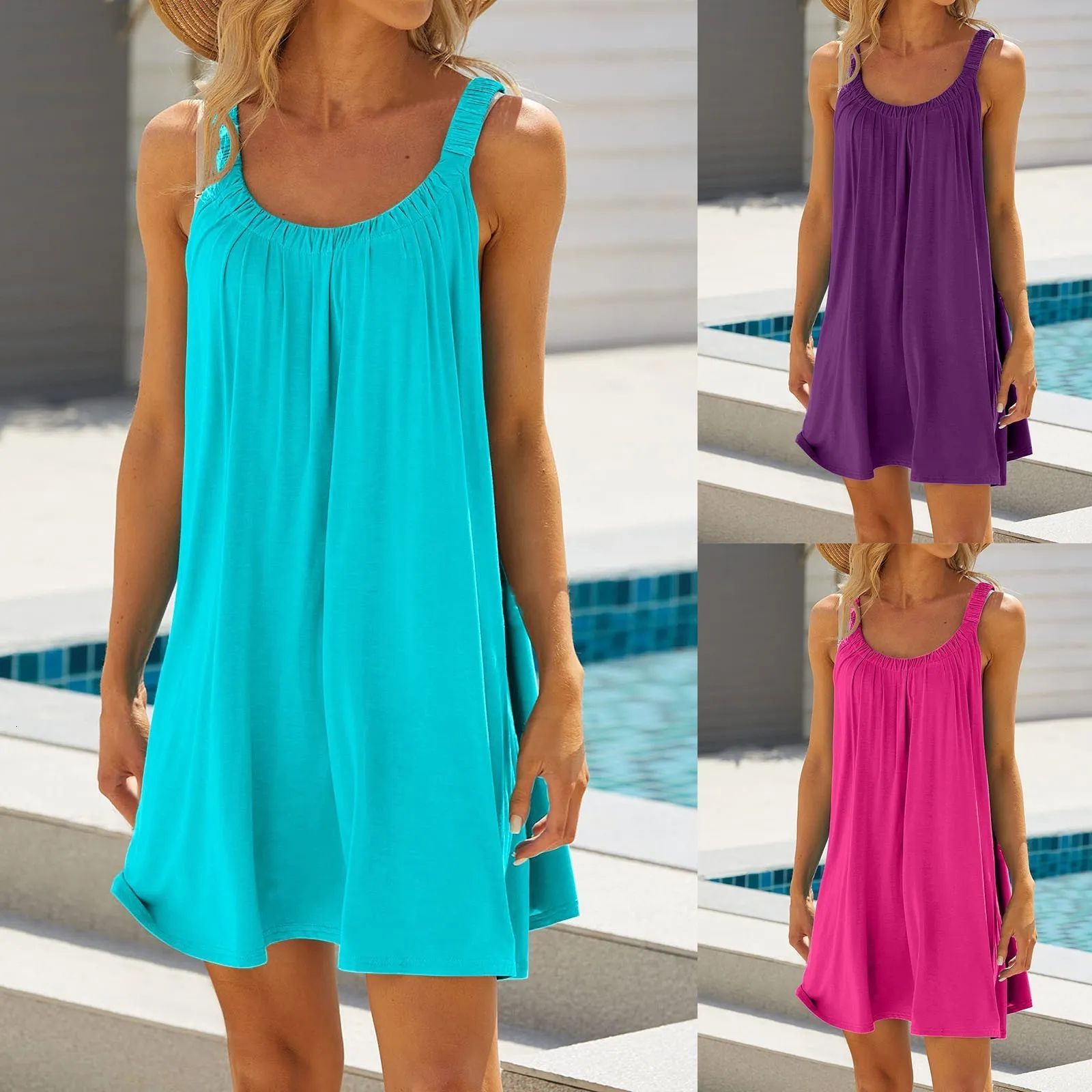 Grundlegende Freizeitkleider für Damen, Sommer, Spaghettiträger, Boho-Strandkleid, einfarbig, lockerer Urlaub, Strand-Cami-Kleid, Damen-Baumwoll-T-Shirt, Tank-Sommerkleid 230710