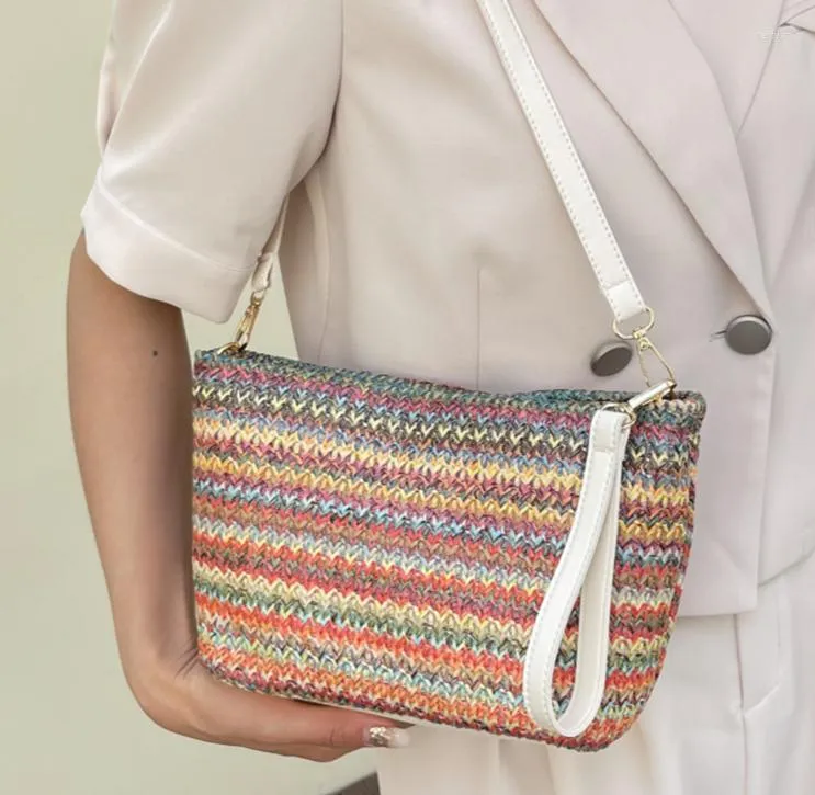 Evening Bags Color Stripes Handbag For Women Hand Knitted Shoulder Bag Summer Straw Woven Crossbody PU Leather Quilted Female Tote