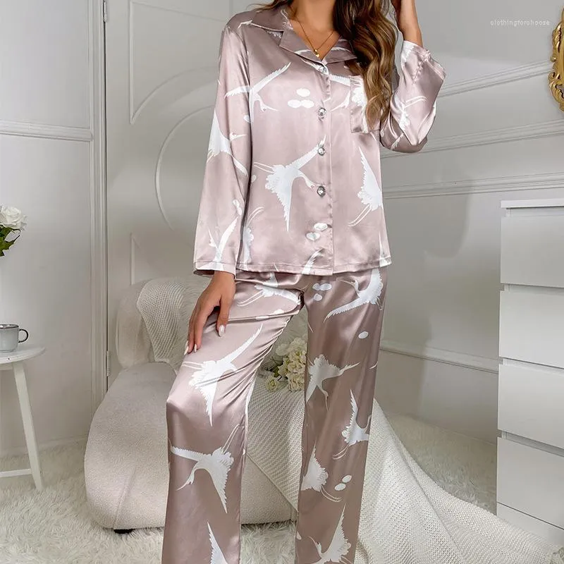 Kvinnors sömnkläder is Silk Pyjamas Set Long-Sleeve Silkesly Satin Women Loungewear Suit Casual Femme Pijamas Fashion Feminino Pajama
