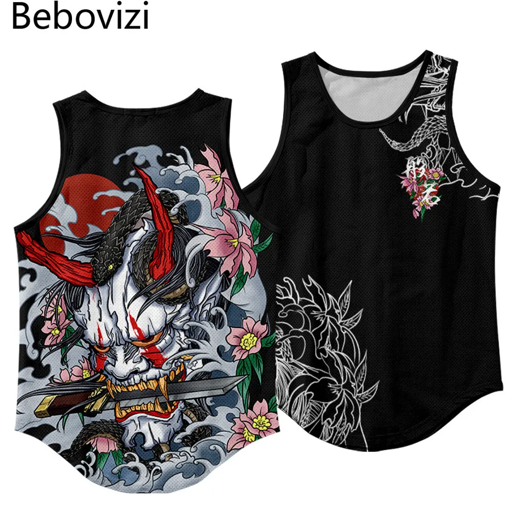 Linne för herr Japansk anime Demon Print Summer Beach Vest Herr Mesh-tröja Bodybuilding Gym Muscle Fitness Ärmlöst linne Plus storlek 230710