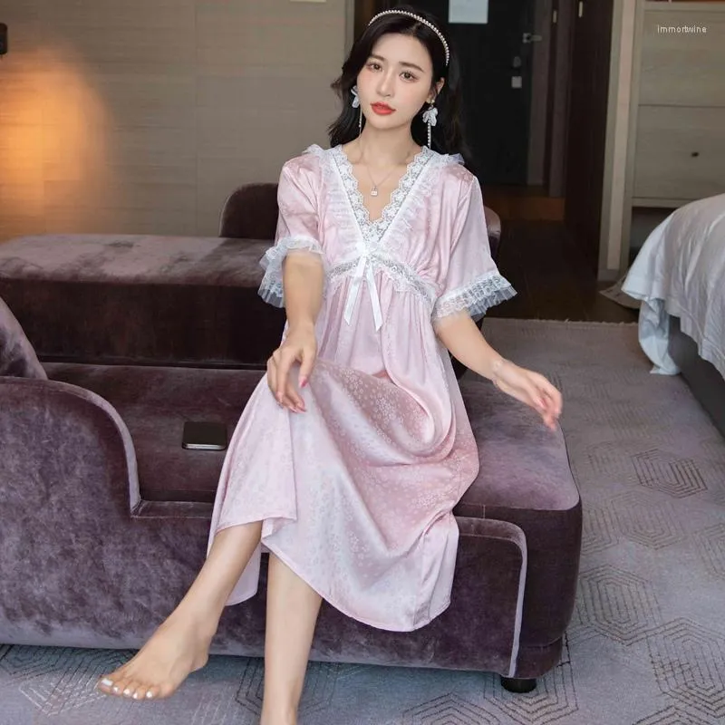 Women's Sleepwear 2023 Summer Short Sleeve Sexy Lace V-neck Silk Satin Nightgowns For Women Long Dress Night Gown Nightdress Home Nighty