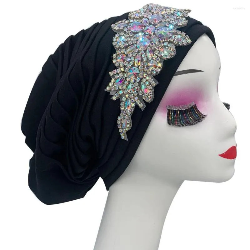Odzież etniczna Rhinestone Flower Turban czapki dla kobiet plisowane afrykańskie opaski na głowę muzułmańska chustka na głowę Bonnet kobiece okłady na głowę Turbante Mujer