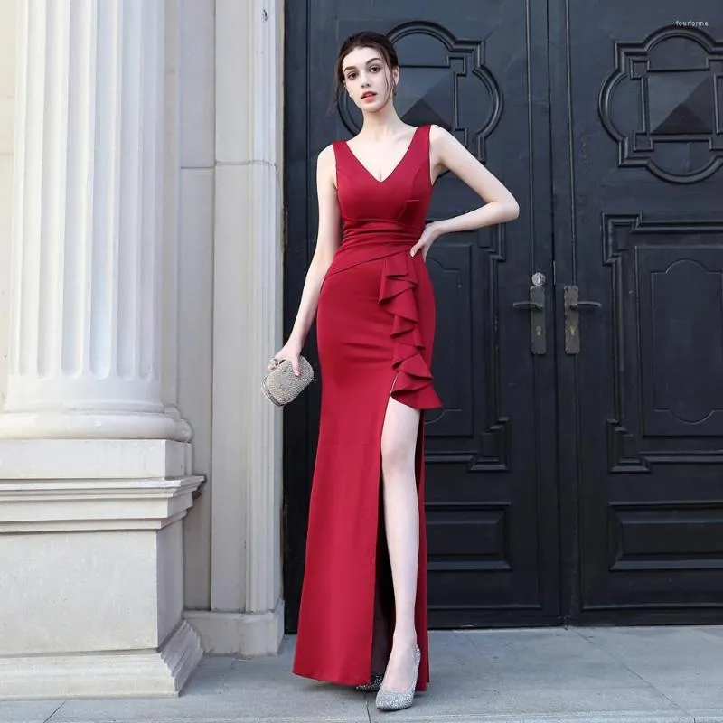 Casual Kleider Rot Tiefer V-ausschnitt Tank Ärmellose Rüschen Seite Split Lange Formale Kleid Elegante Frauen Für Hochzeit Party 2023 sexy Clubwear