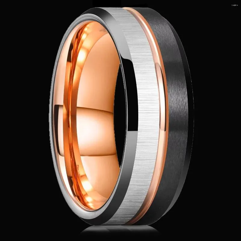 Eheringe, klassischer dreifarbiger Ring für Herren, gebürsteter Edelstahl, roségoldene Farbe, Drahtrille, abgeschrägter Schmuck