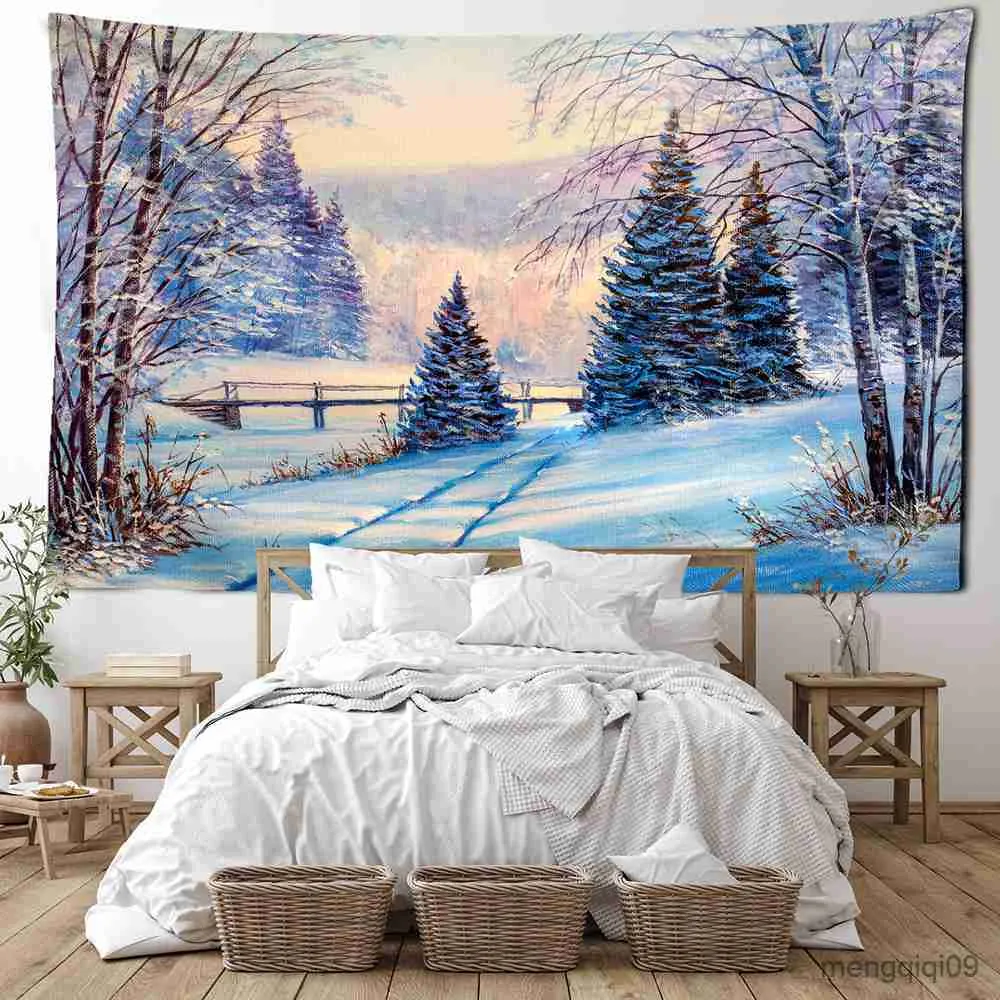 Tapestries Christmas Village Wooden House Tapestry Ice And Snow Style Wall Hanging Merry Christmas Tapestry For Home Deco Christmas Gift R230710