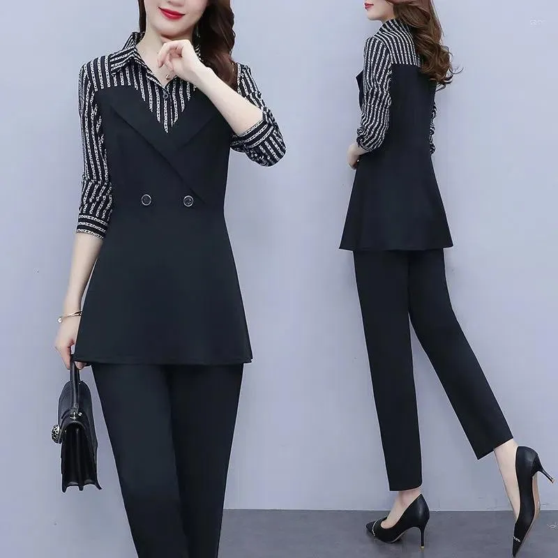 Femmes deux pièces pantalon 2023 M-5XL 2 ensemble femmes costume mode rayé épissé Blouse et taille élastique pantalon droit bureau dame Profession