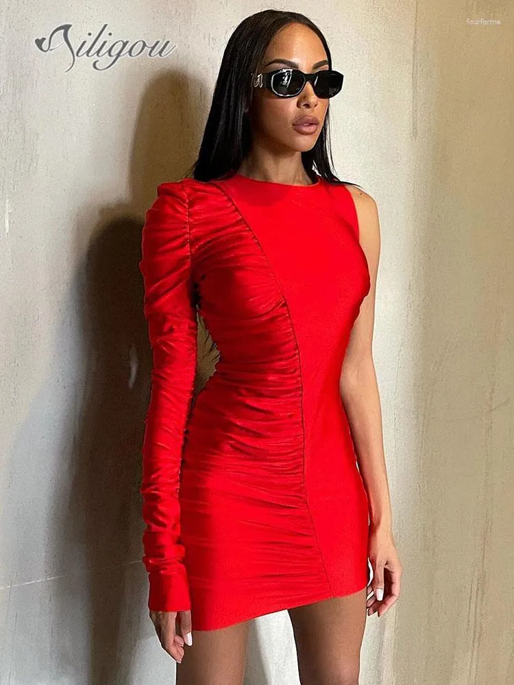 Casual Dresses Ailigou 2023 Autumn Women's Dress One Shoulder Sexy Tight Pleated Long Sleeve Bodycon Mini Bandage Fashion Club