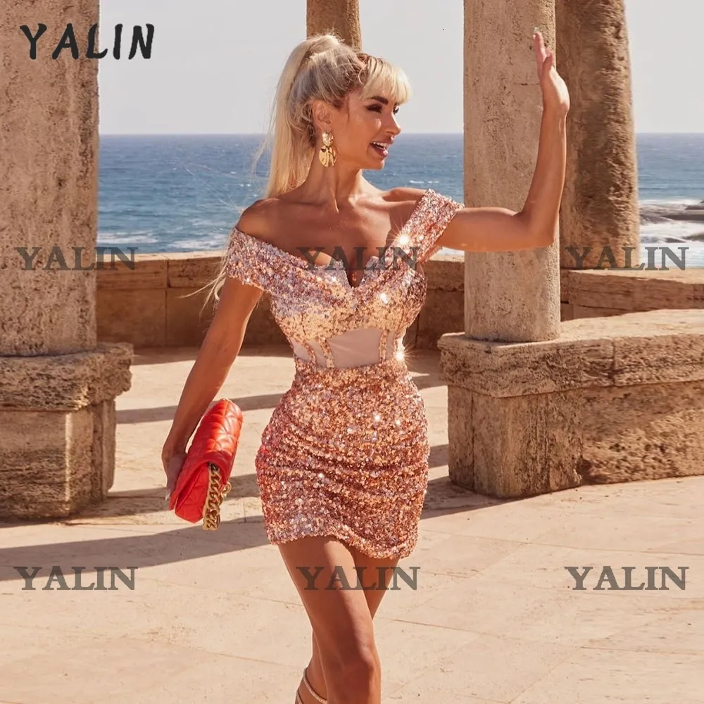 Gold Cocktail Sequined Mini Dress Off Shoulder V-Neck Polyester Evening  Party Dress from Dhgate Urban Sexy Dresses - price 171.79