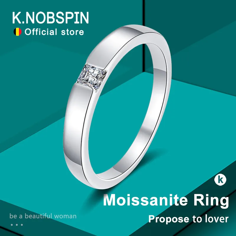 KNOBSPIN 4mm Princess Cut Moissanite Ring s925 Sterling Sliver placcato oro bianco Eternity Band Fine Jewelry Anelli per donna uomo