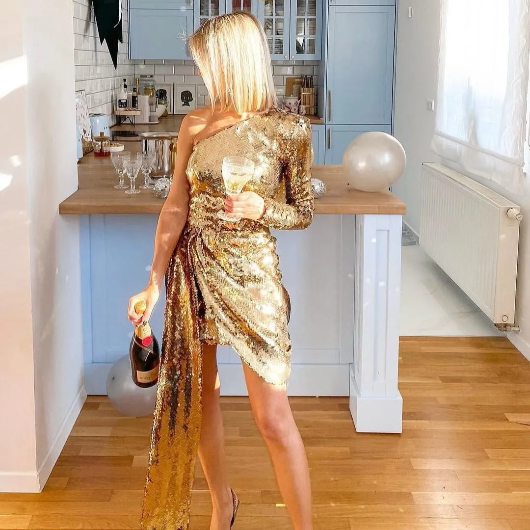 Zoctuo Blue Sequin Mini Dress One Shoulder Y2K Ribbon Zoctuo Blue Sequin Mini Dress One Shoulder Y2K Ribbon
