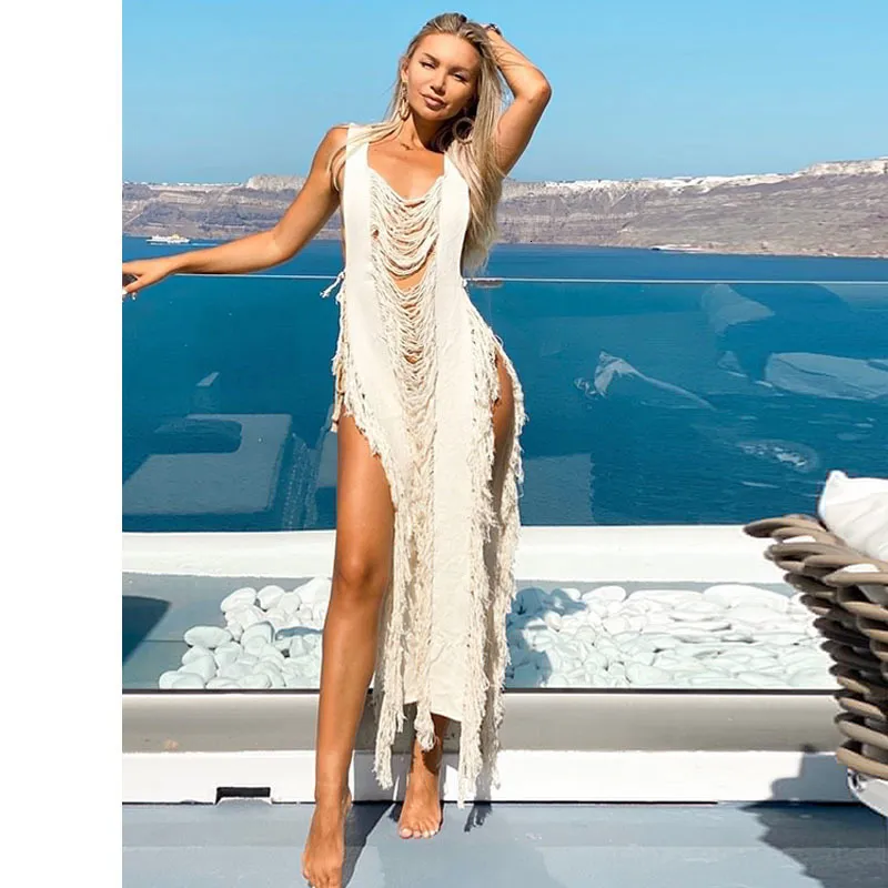 Roupa de banho feminina branco crochê praia encobrimento de biquíni sexy vestido de festa vazado roupas femininas verão praia traje de banho 230710