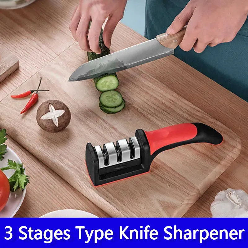 New Kitchen 3 Segment Knife Sharpener Household Multi Functional Hand Held Three Purpose Black Sharpening Stone Tool Kitchen wholesale