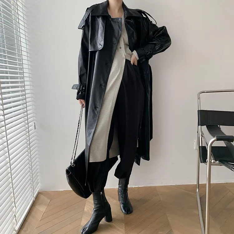 Fur Korea Runway Designer 2022 Fall /autumn Leather Maxi Long Trench Coat with Belt Chic Female Windbreaker Classic