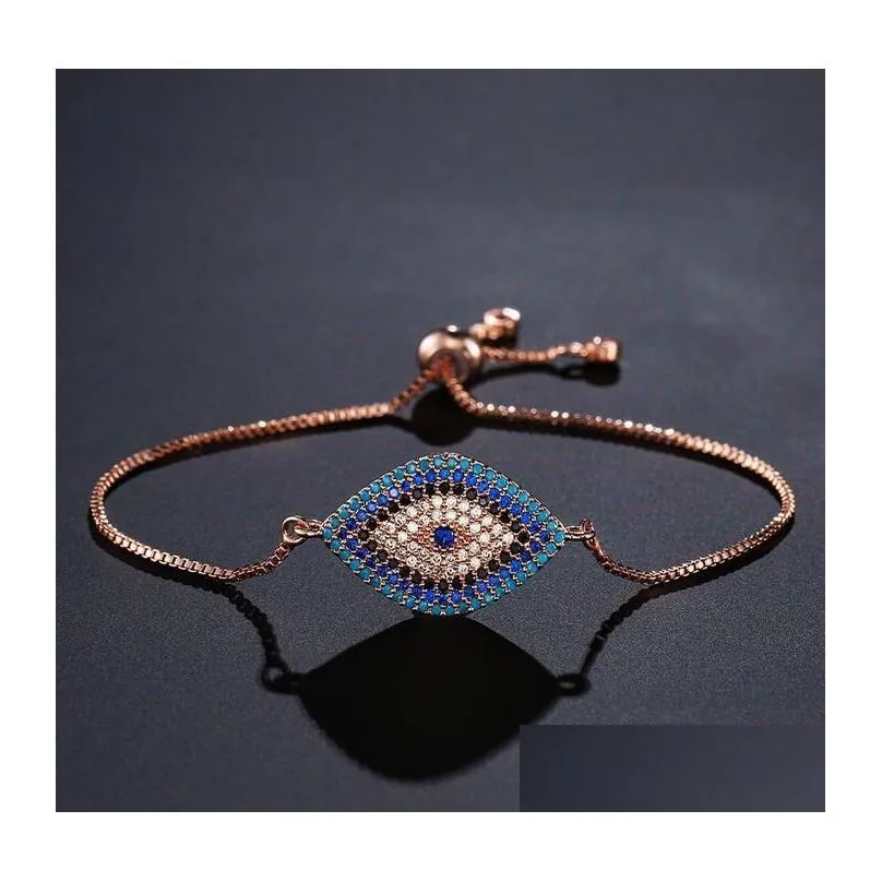 Charm Bracelets Fashion Turkish Gold Sier Evil Eye Bracelet Pave Cz Blue Eyes Chain Bangles Adjustable Women Girls Party Jewelry Dro Dh8Lz