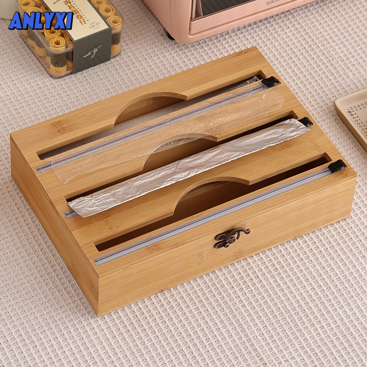 Other Kitchen Tools 3 In 1 Bamboo Wrap Dispenser Storage for Aluminum Foil with Cutter Cling Film Holder Accessories 230710