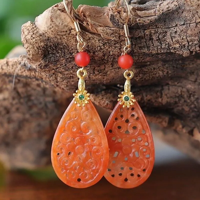 Dangle Boucles D'oreilles 925 Argent Naturel Rouge Émeraude Jade Circulaire Perles Creuses Original DIY À La Main Accessoires Femmes Chance Cadeaux Bijoux