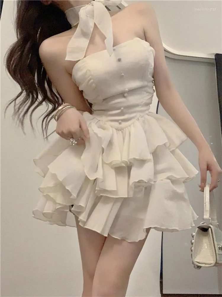 Robes décontractées 2023 été mode volants princesse fée Mini robe de gâteau couche Sexy petite fille Lolita sans manches mince fête de vacances