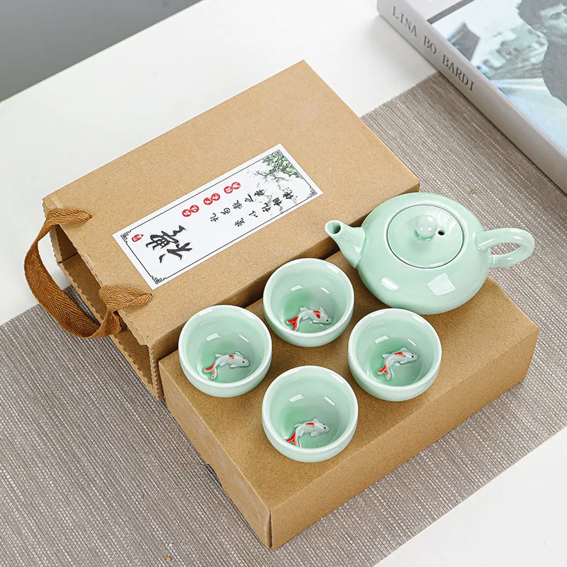 Wine Glasses Creative Carp Ice Crack Chinese Tea Travel Set Kung Fu Ceramic Portable Teapot Porcelain Teaset Gaiwan Cups Tool 230710