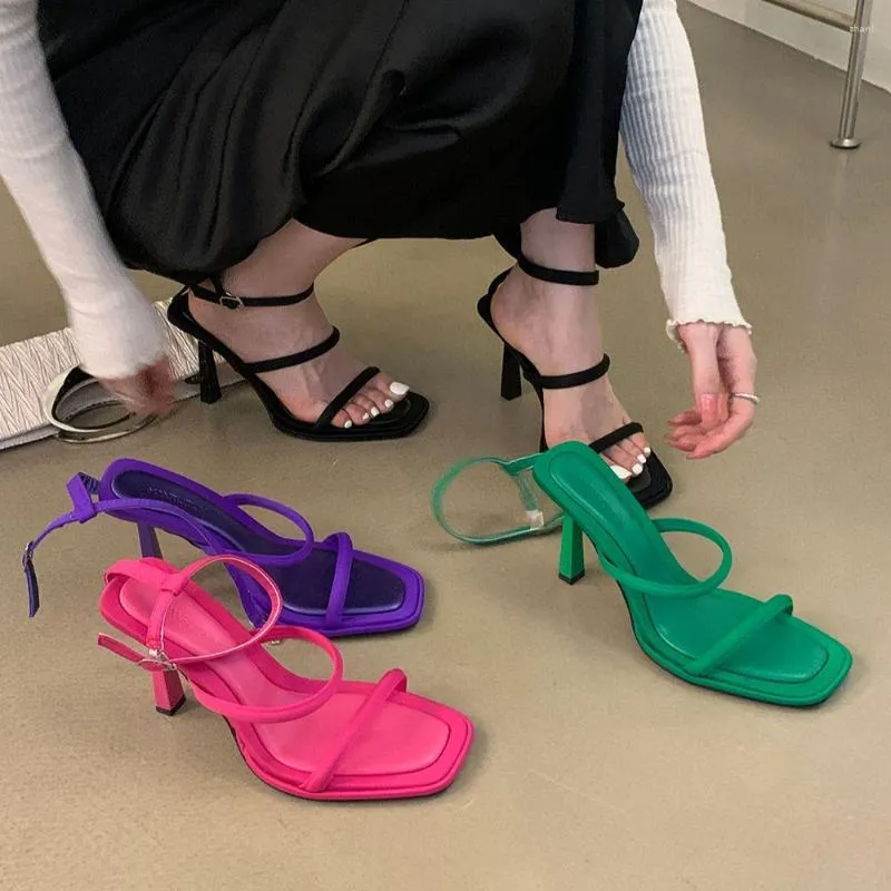 Sandals Fashion Women Open Toe Narrow Band Thin High Heels Black Purple Rose Green Ankle Strap Party Pumps Shoes Woman Size 39