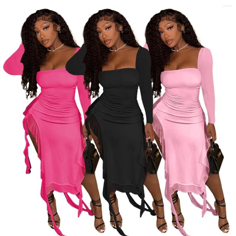 Casual Kleider Sexy Rüschen Lange Party Kleid Patchwork Mesh Hohe Split Bodycon Frauen Hülse Quadrat Kragen Sommerkleid Tragen