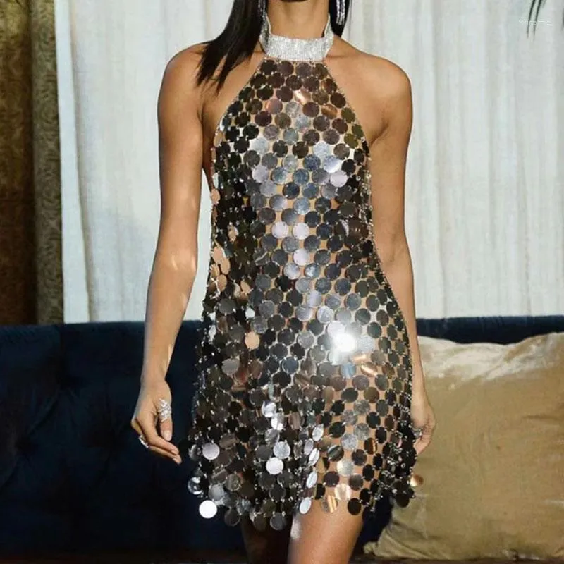 Casual Dresses Y2k Plastic Sequins Sexy Club Mini Dress For Women Backless See Through Solid Glitter Rhinestone O Neck Festival Rave