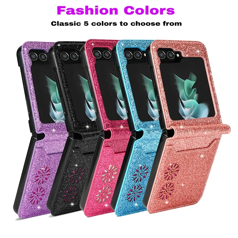 ZFlip5 Lace Flower Glitter PU Leather Wallet Cases For Samsung Galaxy Z Flip 5 4 3 Flip Cover Slot Card Pocket Fashion Luxury Sparkle Lady Women Folding Phone Pouch
