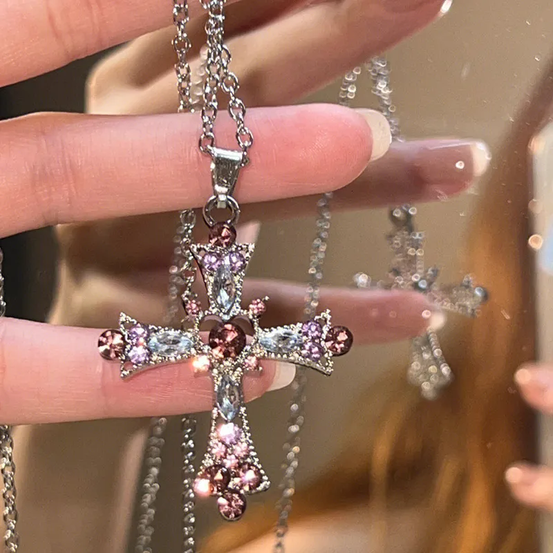 Gothic Pink Cross cross necklace with Y2K Purple