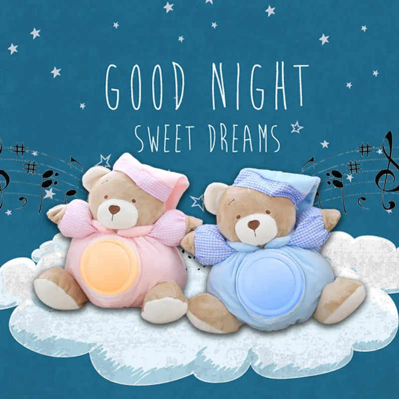 دمى Plush 25 سم Kawaii Teddy Bear Musical Light Blush Dolls Pat Lamp Sleeping Comfort LED Night Light Toys Bear Toys for Kids 230707