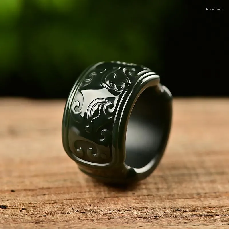 Cluster-Ringe, natürlicher schwarzer grüner Jade, handgeschnitzter Drachen-Jadeit-Ring, Geschenk, Markenstein-Schmuck