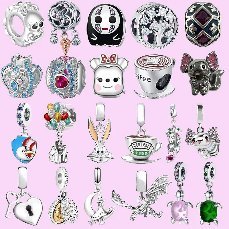 925 Sterling Silber Charms für die Schmuckherstellung für Pandora-Perlen. Anhänger Grimace Skull Mouse Turtle Charm-Set