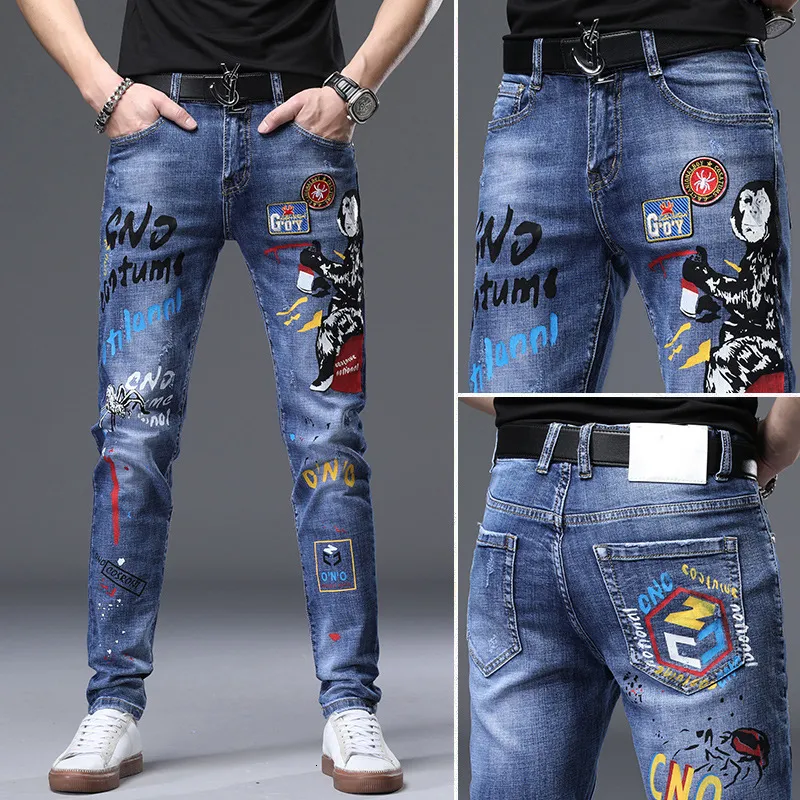 Jeans para hombre Estampado de alta calidad Pantalones de mezclilla elásticos Slimfit Estampados de monos Decoraciones Lavado azul Rasguños Jeans casuales; 230710