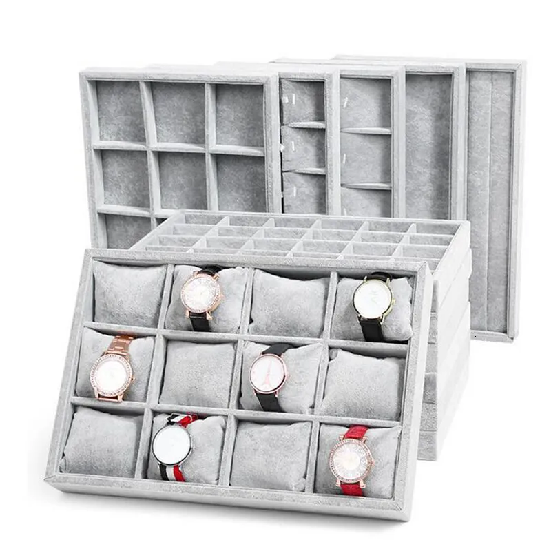 Jewelry Boxes Fashion Ice Grey Velvet Tray Jewelllery Storage Box Watch Holder Necklace Ring Earrings Pendant Display Organizer Series 230710