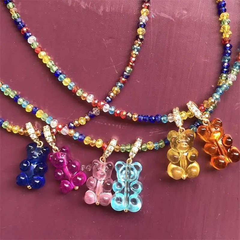 Collares con cuentas, collar con colgante de circón de oso de goma bonito a la moda para mujer, perlas de imitación, gargantilla de cuentas de cristal coloridas, joyería 230613