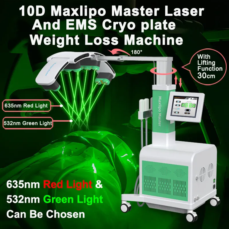 Nyaste 532nm 635nm Kall laserslimningsterapi 10d Grön röd diod Laserfettreduktion Cryo Freeze EMS Muscle Training Fat Burning Lipolaser Slimming Device