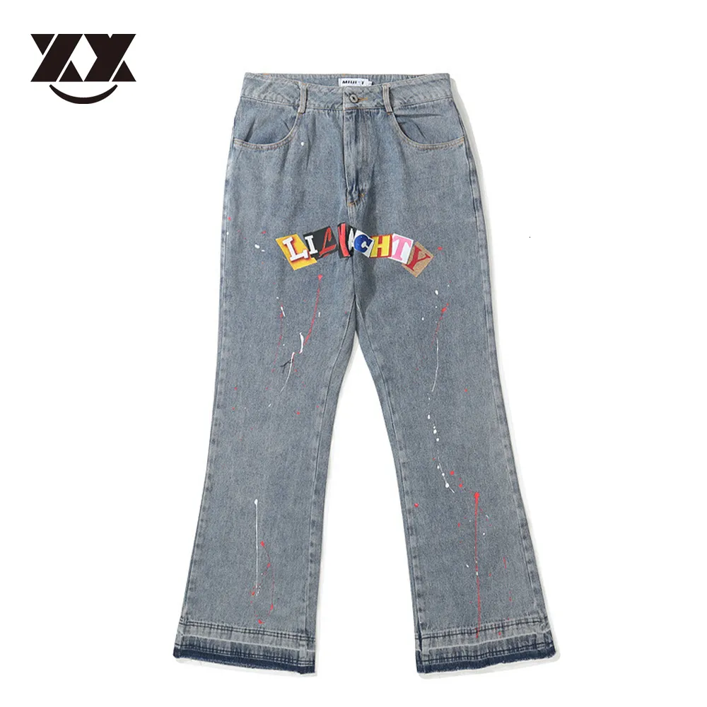 Jeans pour hommes Hip Hop Distressed Colorful Lettre Trou Peint Flare Pantalon Chanteurs Imprimer Lavé Rétro Vibe Syle Denim Pantalon Lâche 230710