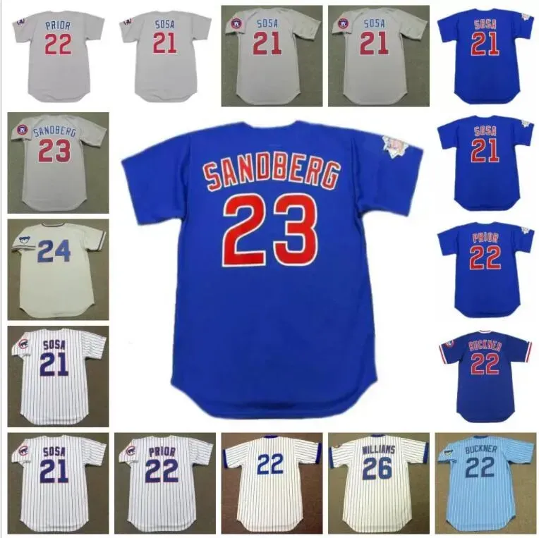 Jersey de baseball vintage 21 Sammy Sosa 1996 Bill Buckner 1978 22 Mark Prior 2003 23 Ryne Sandberg 1994 24 Lou Brock 1963 26