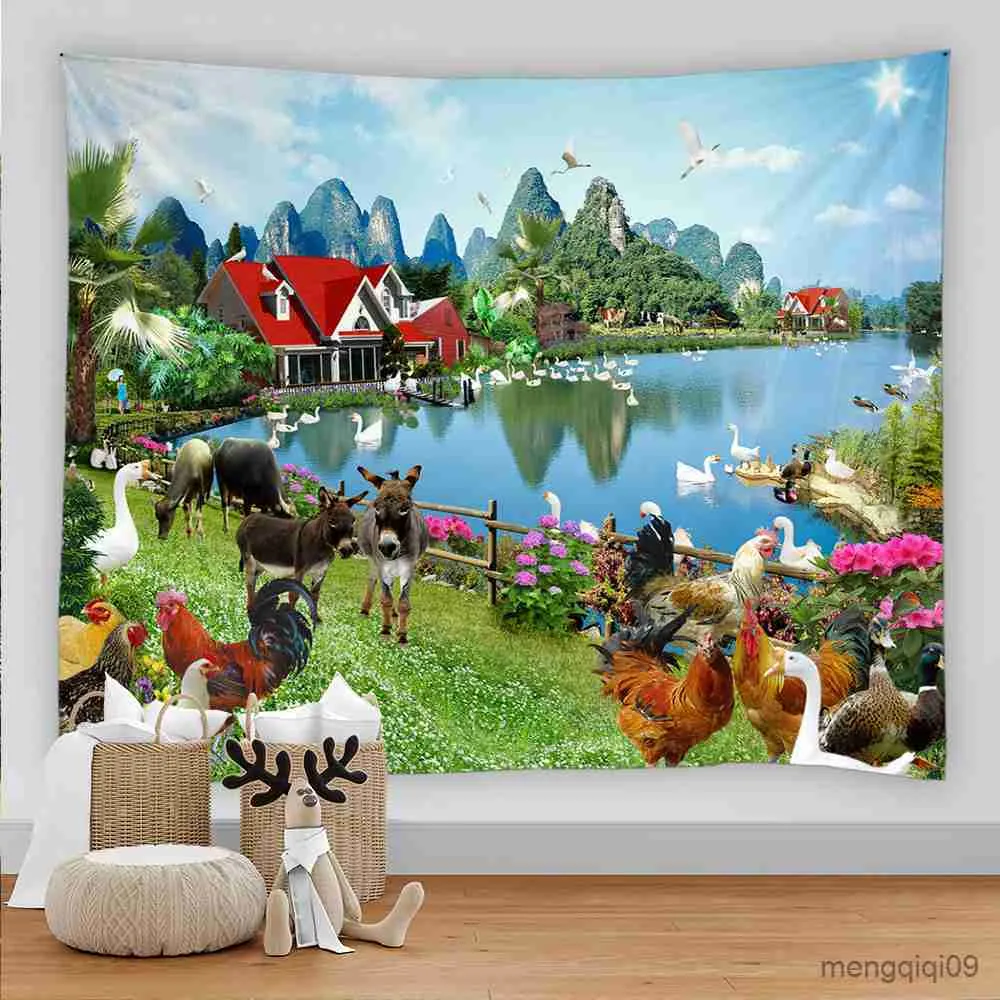 Tapestries Tapestry Rooster Goose Mule Rustic Barn Animals Tapestry Farmhouse Landscape Home Room Living Roastheticism Decor R230710